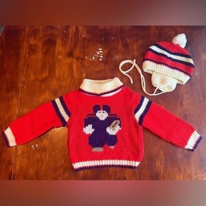 Vintage Football Red and Cream Knit Sweater with Matching Hat